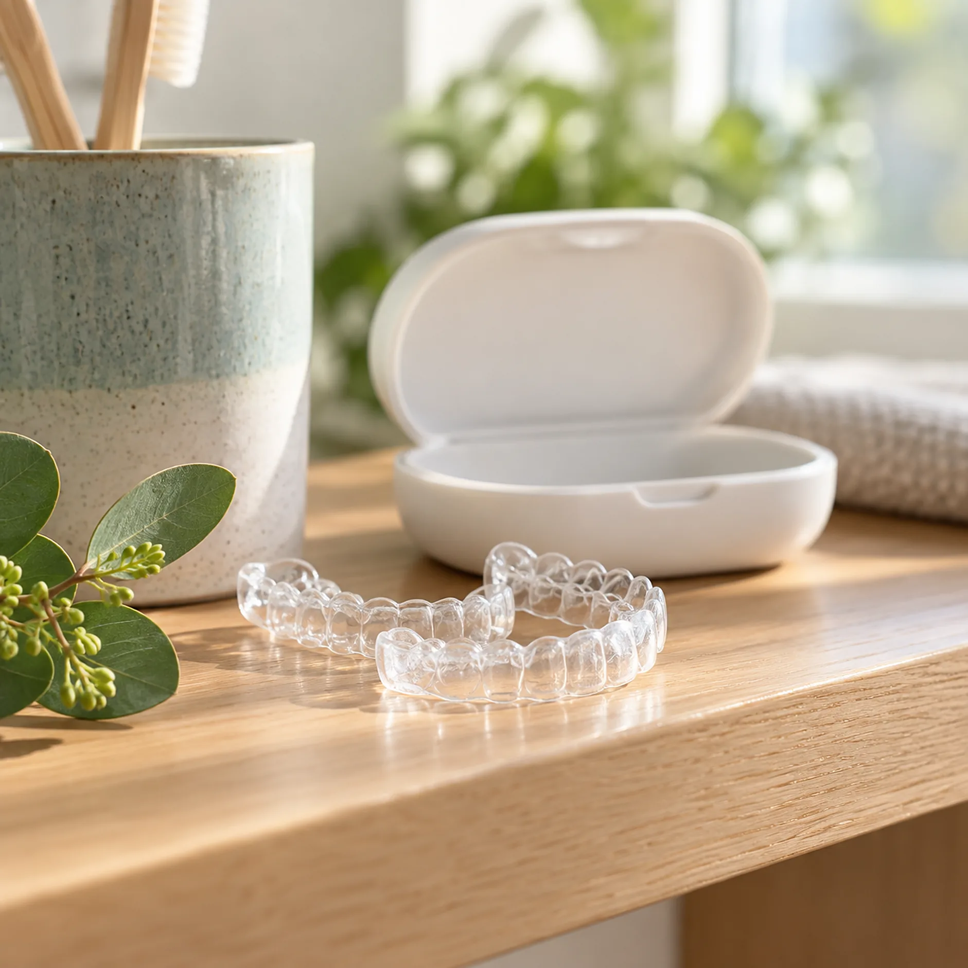 A pair of clear aligners in an open case on a bathroom shelf