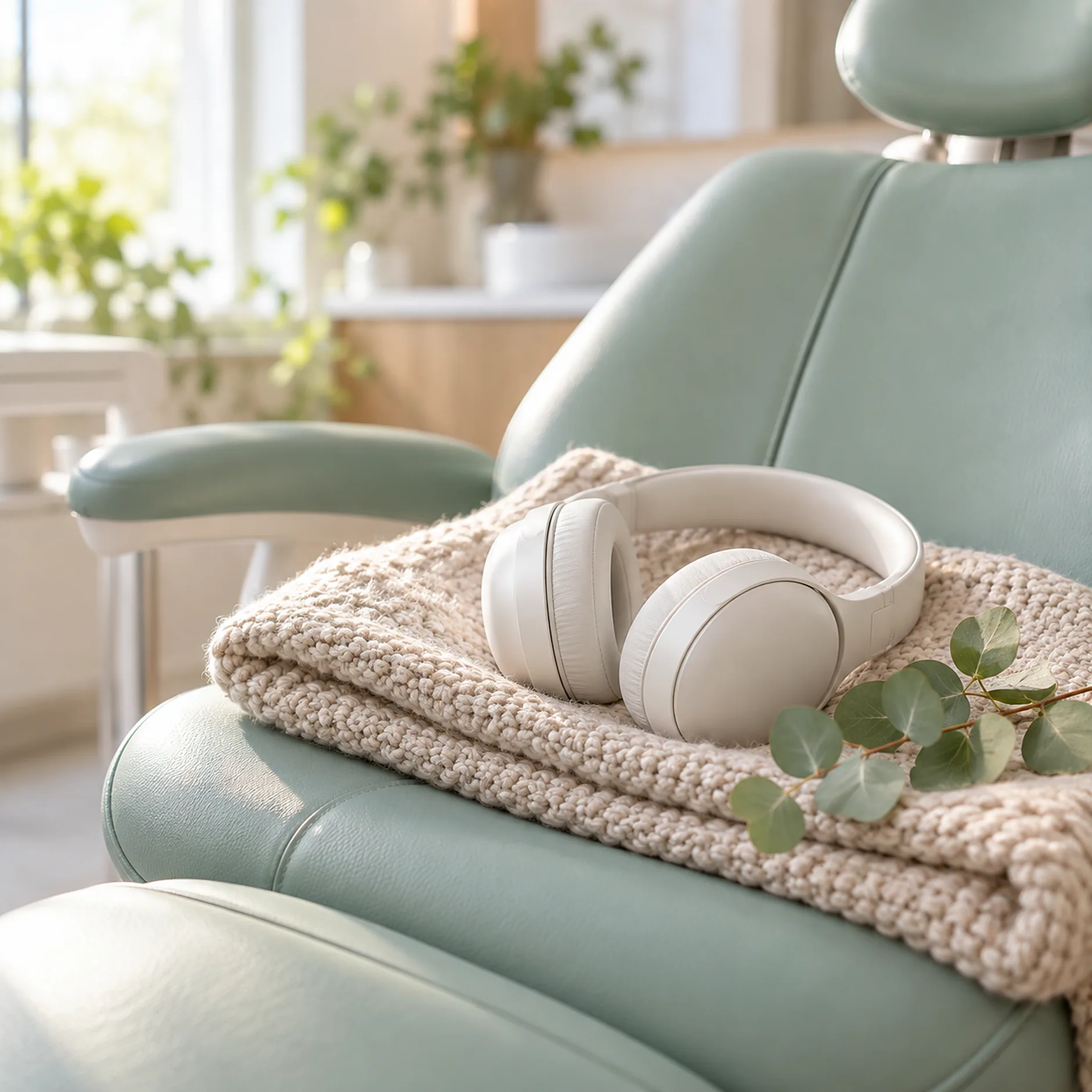 Noise-cancelling headphones and a folded knit blanket resting on a dental chair