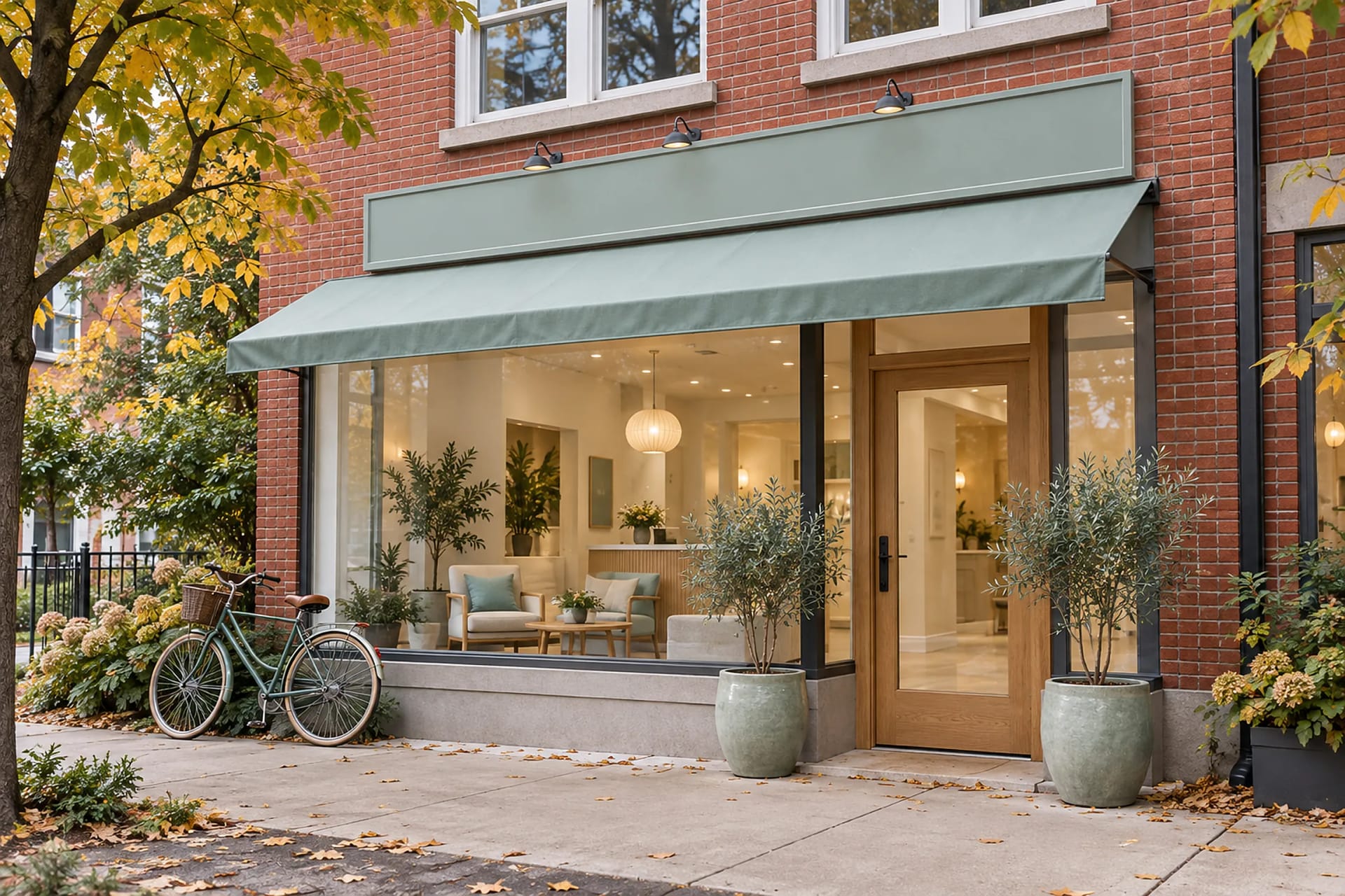 The practice entrance on a quiet, tree-lined street