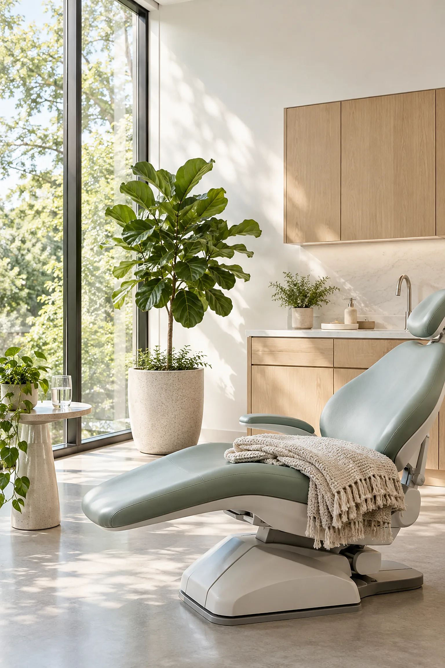 A bright treatment room: a sea-glass green dental chair with a knit blanket, a tall fig tree and a wall of windows onto green trees