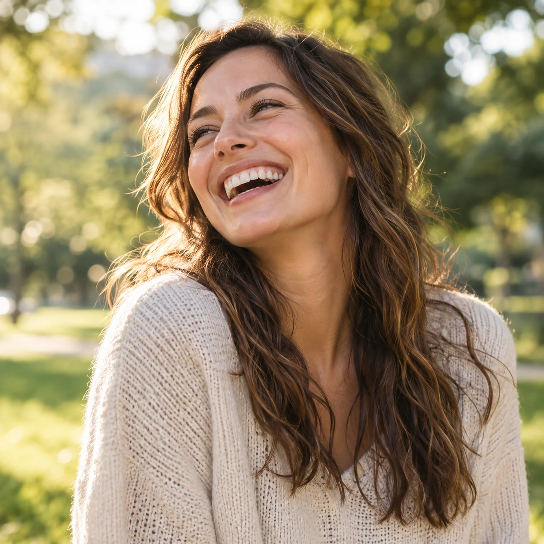 A woman laughing outdoors in soft daylight
