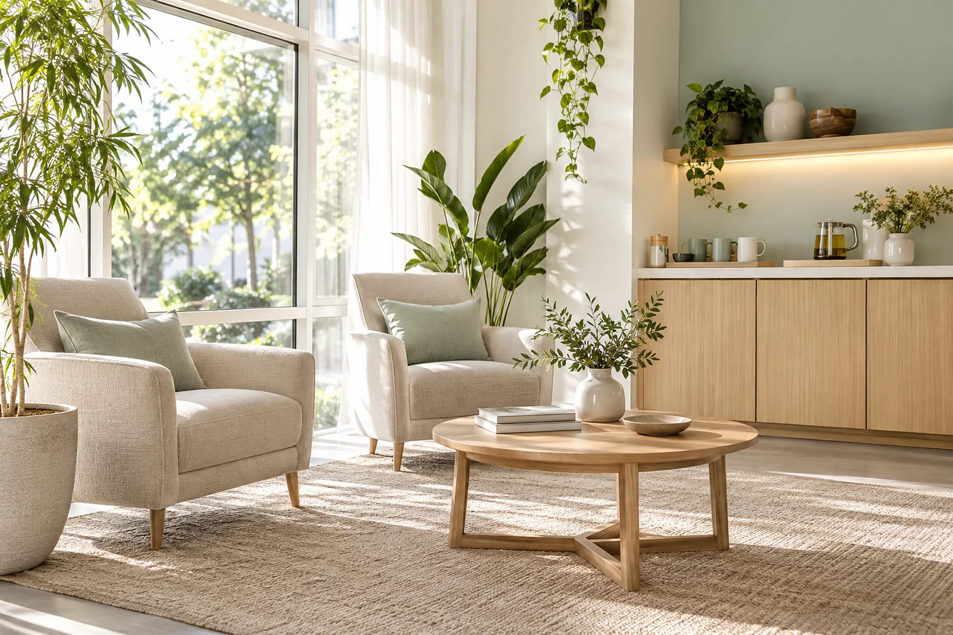 The waiting room: soft chairs, plants, light wood and a small tea station